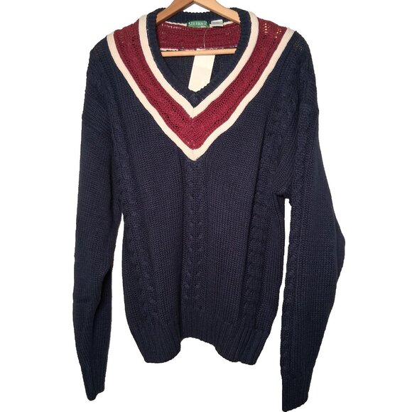 Stefano Other - Vintage 90s Stefano Man Sweater L Blue Maroon Cable Knit V Neck Academia Preppy